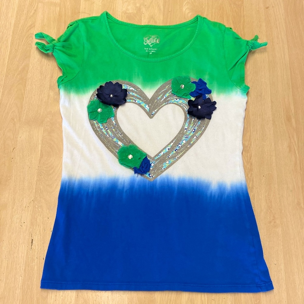 Justice Girl 10 Shirt W/ Glittered Heart with Cloth Beaded Flowers & Tie Sleeves